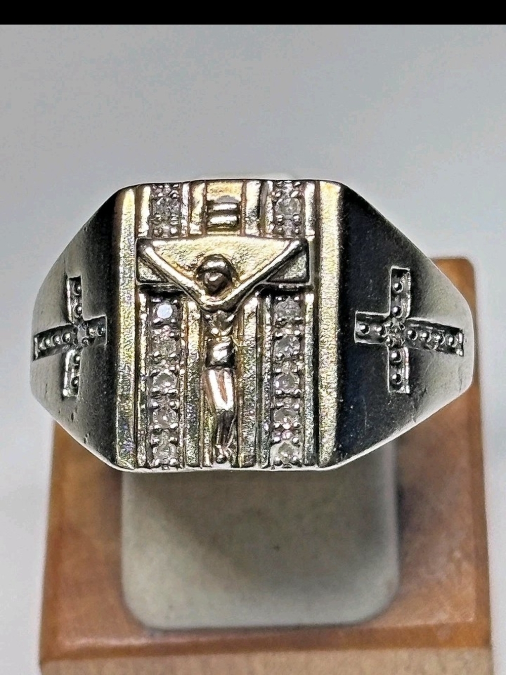 Men's Sterling Silver-Gold Tone  Crucifix Ring with Embedded